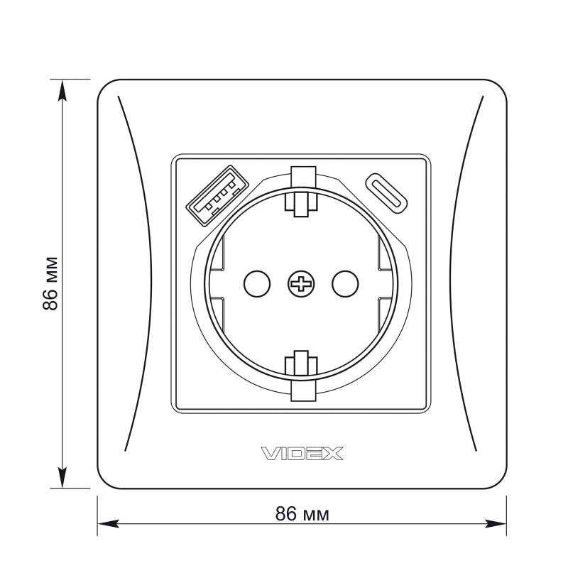 Single schuko socket with grounding with USB+USB-C black VIDEX BINERA