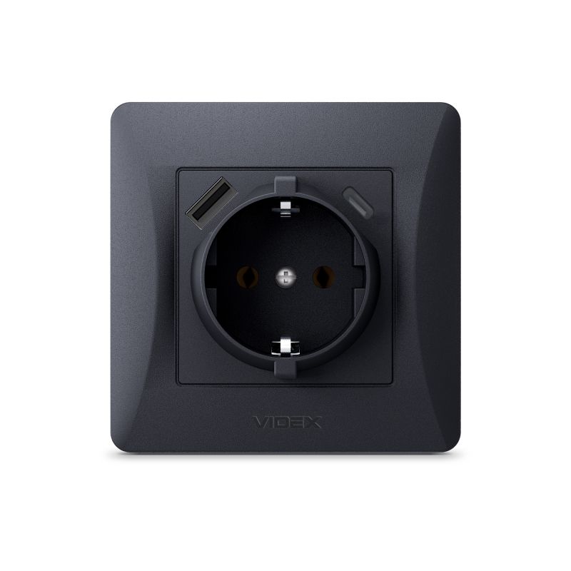 Single schuko socket with grounding with USB+USB-C black VIDEX BINERA