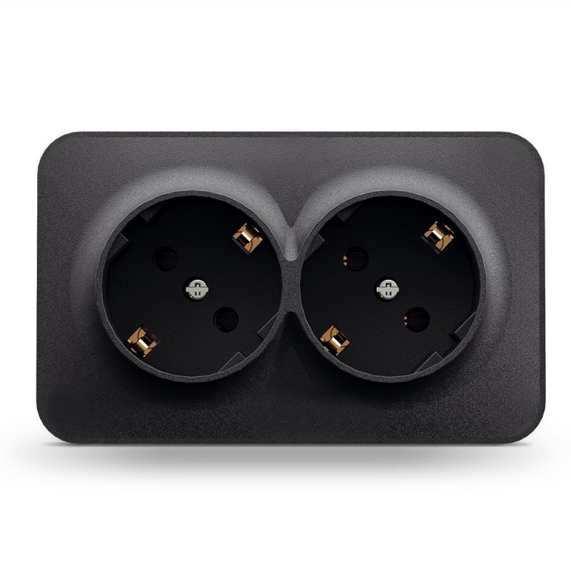 Double external schuko socket IP20 mate black VIDEX BINERA 