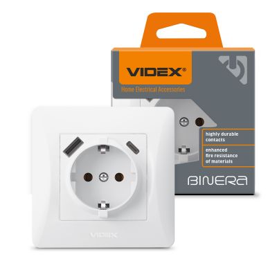 Single schuko socket with USB-A+USB-C white VIDEX BINERA